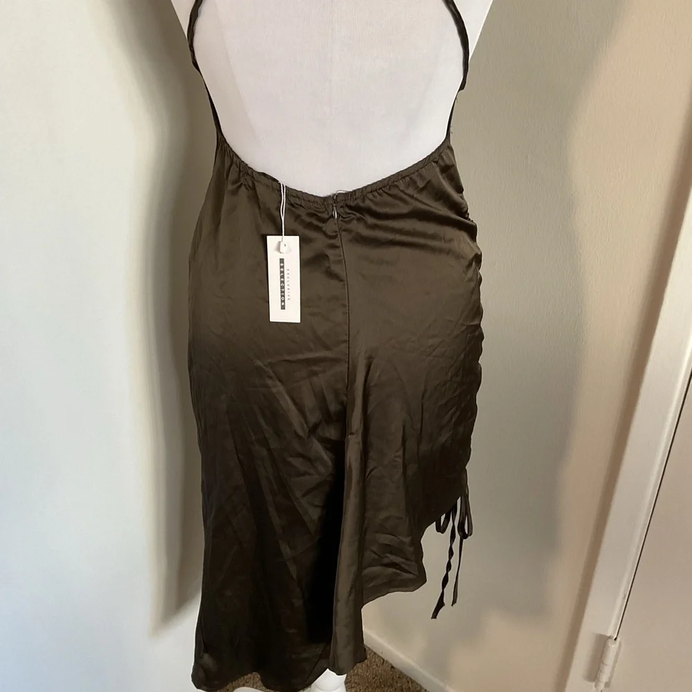 CBR Brown Satin Halter Backless Dress Side Tie Asymmetrical Medium - Picture 6 of 7